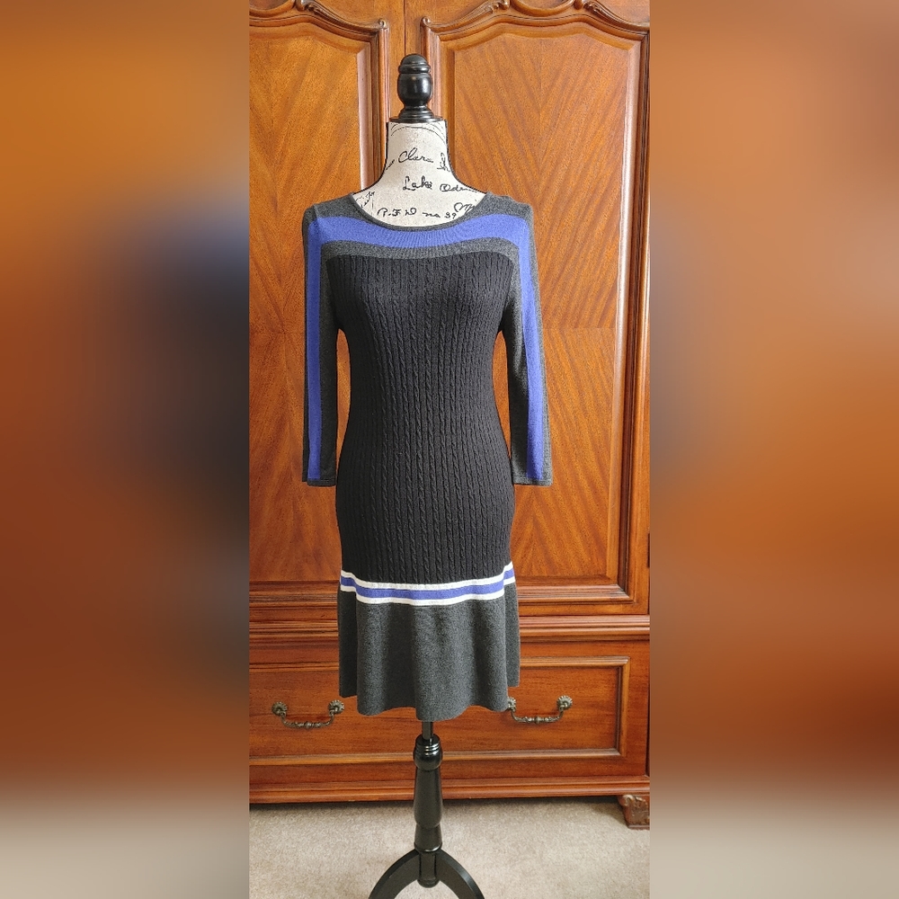 Spence Petite, sweater dress, black & gray  with blue & white striping, size PL